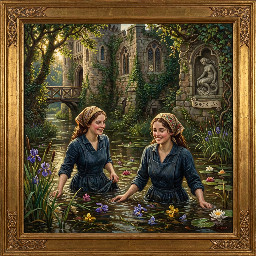 two happy young women in dark blue utility boilersuits enjoying a waist deep mud bath in a romantic castle moat