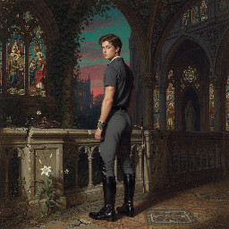 A slim young man in dark grey jodhpurs with a shiny finish, dark grey polo shirt, and black riding boots. Rear view, he is looking over his shoulder at us
