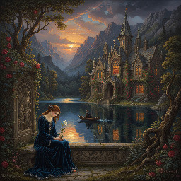 A large stone-built victorian gothic stately home in the mountains by a lake.