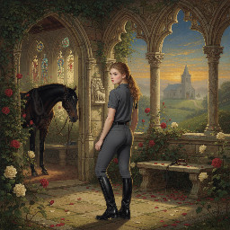 A slim young woman in dark grey jodhpurs with a shiny finish, dark grey polo shirt, and black riding boots. Rear view, she is looking over her shoulder at us