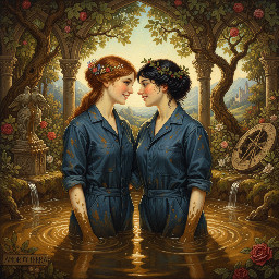 two relaxed young women in dark blue utility boilersuits enjoying a romantic waist deep mud bath together