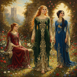 Highly detailed drawing wearing lace --s 1000 --c 33 --v 7.0 --ar 5:7 inspired (((head to toe))) image of Pre-Raphaelite Medieval Ladies in Garden Romantic Vintage Floral Scene, dressed in medieval clothing, with no shoes on. Background is distressed wildflowers with a watercolor and oil