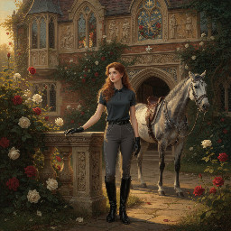 A slim young woman in dark grey jodhpurs with a shiny finish, dark grey polo shirt, and black riding boots.