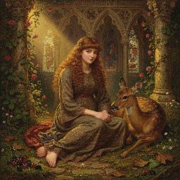 Black and white picture, of a lady seated with a doe, with some blackberries at her feet. She has long curly hair with a fringe, and a beautiful yet simple dress