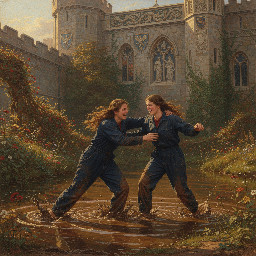 two happy young women in dark blue utility boilersuits enjoying a mud wrestling session in a castle moat