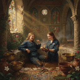 two happy young women in dark blue utility boilersuits enjoying a mudbath in a castle bathing chamber