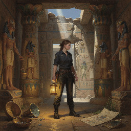 A female adventurer/explorer wearing practical black combat trousers and boots, exploring a musterious ancient egyptian temple