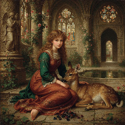 Black and white picture, of a lady seated with a doe, with some blackberries at her feet. She has long curly hair with a fringe, and a beautiful yet simple dress