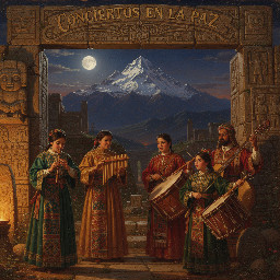 Generar una portada para mi página de facebook "CONCIERTOS EN LA PAZ" (música boliviana), de fondo el magestuoso illimani con luna llena, y algunos matices tihuanacotas y musicales (quenas, zampoñas y bombos), con músicos interpretando musica. Simular el escenario artístico en la noche calida