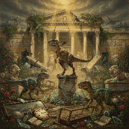 velociraptors roaming the ruins of the British Museum in a post-apocalyptic future