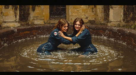 two happy young women in dark blue utility boilersuits enjoying a mud wrestling session in a castle moat