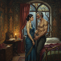 {a dimly lit|shadow-drenched|moonlit} {bedroom|sparse attic room|small but cozy apartment}, where the air is thick with {unspoken desire|electric tension|desperate longing}. Dheeraj, a {voluptuous|delicate yet strong|weathered but beautiful} 45-year-old maid in a {slightly frayed|modest yet clinging|simple but sensual} {sari|nightgown|traditional wrap}, stands {half-turned|hesitantly facing|leaning against} Vijay, her 56-year-old landlord—a {broad-shouldered|silver-haired and distinguished|powerfully built} man whose {rough hands|aristocratic features|unkempt beard} betray {years of lonely restraint|suppressed hunger|quiet dominance}. Their eyes lock in {a moment of raw vulnerability|silent complicity|hungry hesitation}, her {sari strap|shoulder|hair} slipping {unconsciously|provocatively|accidentally}, his fingers {hovering|clenching|already tracing} the {curve of her waist|bare skin of her arm|edge of her garment}. The background hints at {a hastily abandoned cup of tea|a single flickering lamp|a half-open door}, while the {cold night air|rain-streaked window|tangled bedsheets} underscores the {forbidden|inevitable|primal} act about to unfold. {Soft focus|High contrast|Grainy film-like} lighting casts {dramatic shadows|a golden glow|a blue-tinged haze}, capturing the {clandestine|thunderous|desperate} energy of two people {breaking free|succumbing|colliding} after years of {stolen glances|unspoken words|burning frustration}.