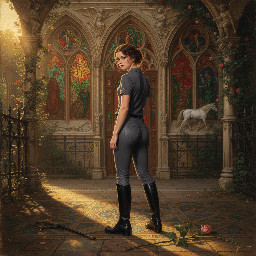 A slim young woman in dark grey jodhpurs with a shiny finish, dark grey polo shirt, and black riding boots. Rear view, she is looking over her shoulder at us