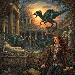 velociraptors roaming the ruins of the British Museum in a post-apocalyptic future, , being covertly observed by a female adventurer
