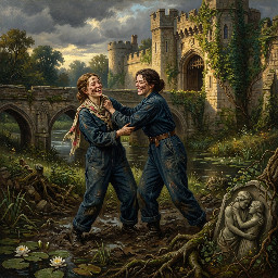 two happy young women in dark blue utility boilersuits enjoying a mud wrestling session in a castle moat