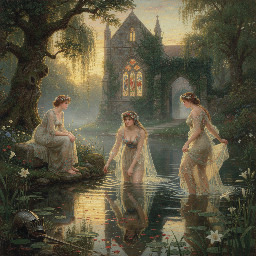 water nymphs in diaphanous transparent jumpsuits frolicing in a dew pond in ancient england