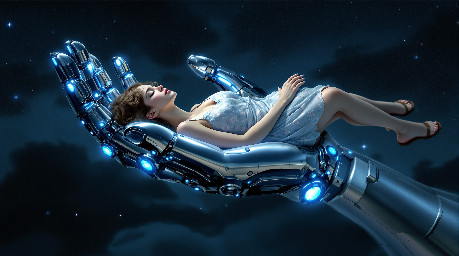 A young adult female, 17 years old, rests peacefully within the metallic palm of a futuristic robotic hand. She wears a light blue, sleeveless A-line dress with a delicate floral pattern and brown sandals. Her eyes are closed, face serene, with a soft, almost dreamlike expression. Her light brown hair is gently tousled around her face.   The robotic hand is intricately detailed, constructed from gleaming silver metal with segmented fingers and joints. Vibrant blue lights emanate from circular ports and along the edges of the hand and wrist, creating an ethereal glow.   The background is a deep, starry night sky with scattered constellations and wispy, dark clouds, suggesting a celestial or dreamlike setting. The composition is a close-up, angled perspective that emphasizes the contrast between the delicate human form and the imposing, advanced technology.   The overall mood is one of tranquil protection and futuristic wonder, with a touch of the surreal.   The lighting is dramatic, with the blue bioluminescence casting strong highlights and shadows on the girl and the robot.