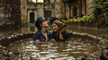two happy young women in dark blue utility boilersuits enjoying a waist deep mud bath in a romantic castle moat
