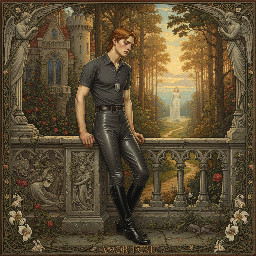 A slim young man in dark grey jodhpurs with a shiny finish, dark grey polo shirt, and black riding boots