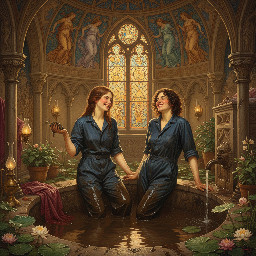 two happy young women in dark blue utility boilersuits enjoying a mudbath in a castle bathing chamber