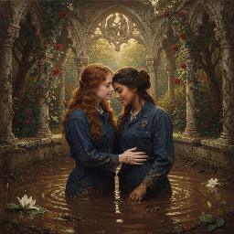 two relaxed young women in dark blue utility boilersuits enjoying a romantic waist deep mud bath together